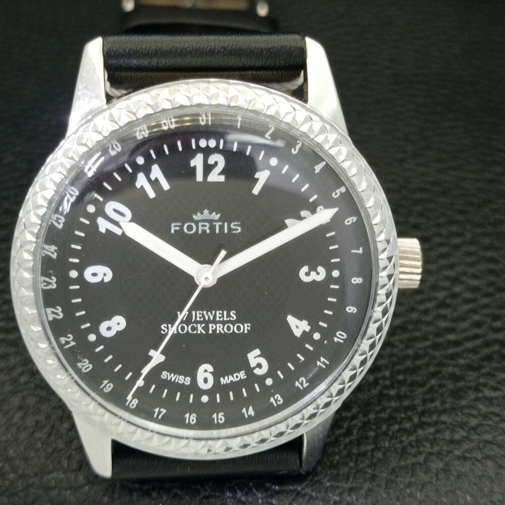 Vintage 1982 Fortis Manual Mens Silver Watch W/Leather Strap & Black accents - Picture 4 of 9